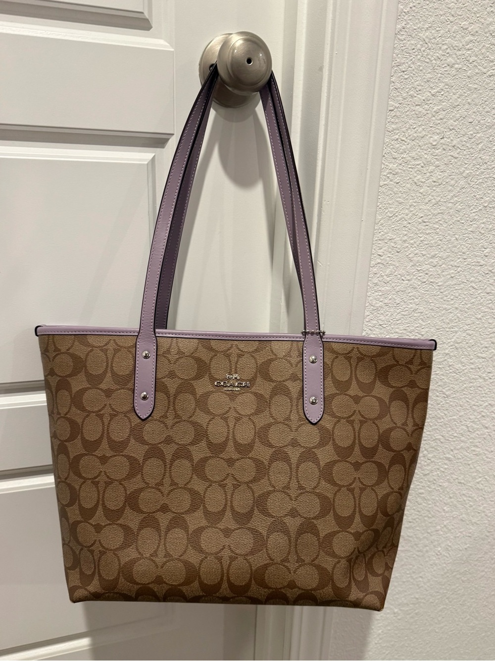 Coach Brown Signature Canvas Tote with Lavender Trim
